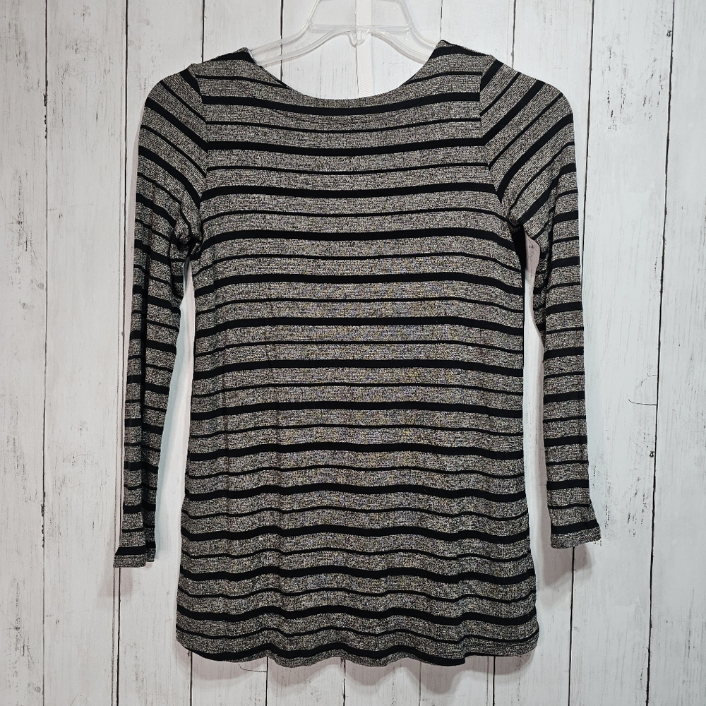 J Jill Wearever Collection Stripped Gray Black Long Sleeve Tunic Size XS Petite.